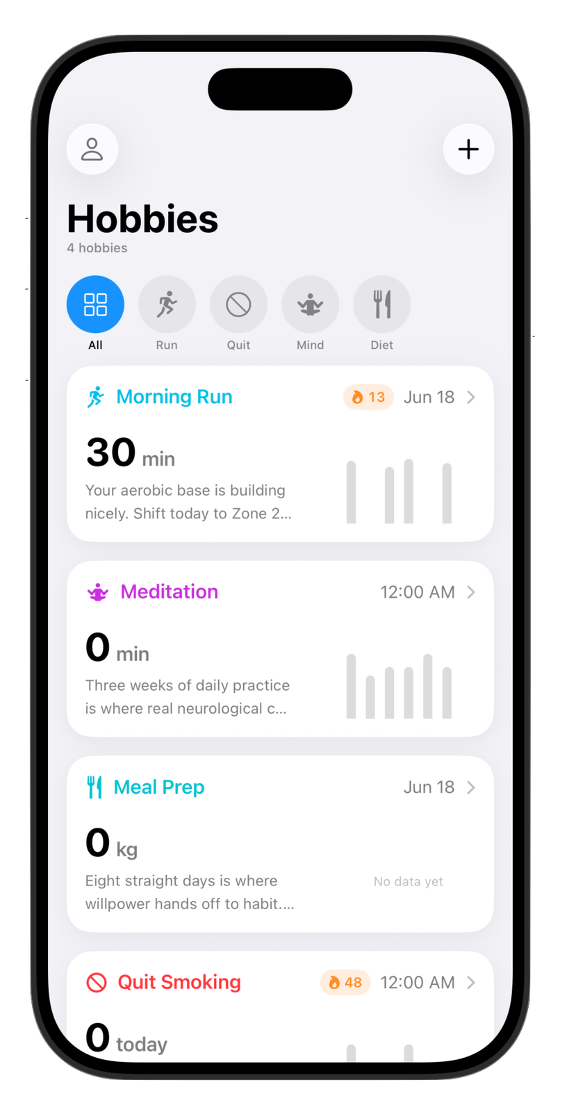 HobbyIt dashboard showing multiple tracked hobbies and streaks